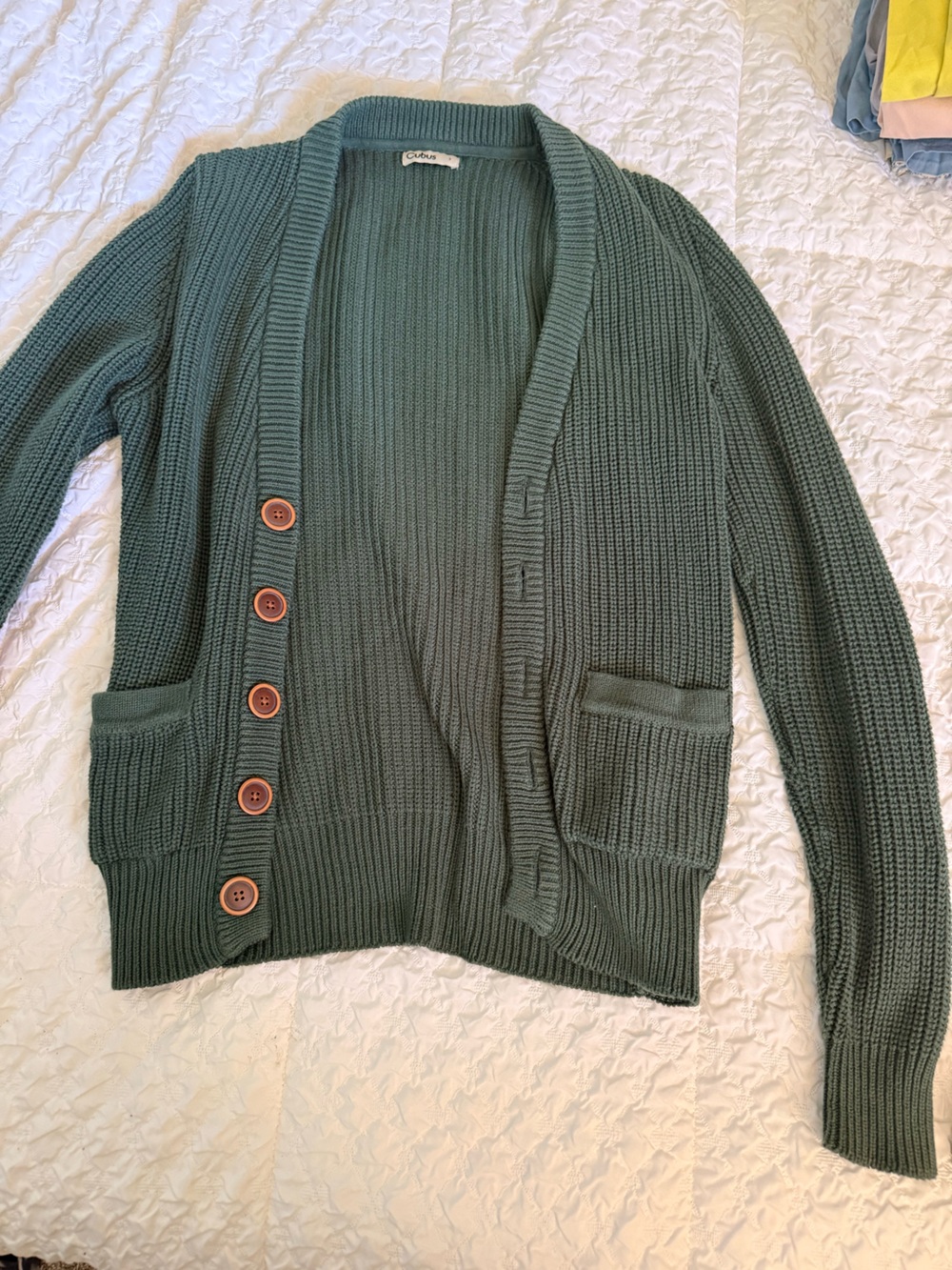 100% Cotton Women’s Green Ribbed Cardigan with Button Front
